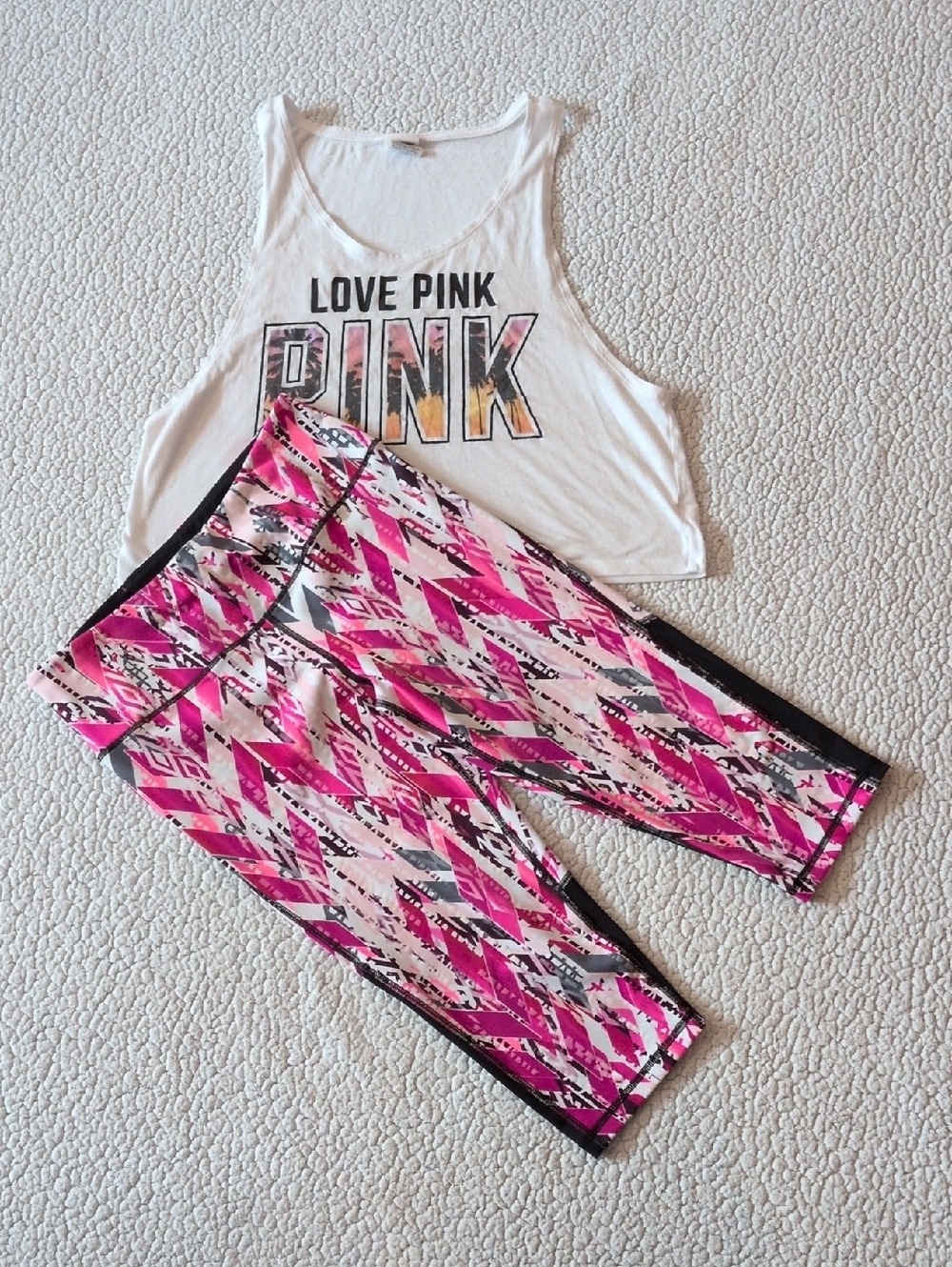 Victoria Secret Sport Knockout Cropped Leggings Palm Tree Tank Top Set Athletic